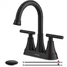 Faucets for Sink 3 Hole, Hurran 4 inch Matte Black, Pop-up Drain and 2 Supply Hoses, Stainless Steel Lead-Free 2-Handle Centerset Faucet for Bathroom Sink Vanity RV