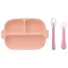 ACwiwil Plato + 2 cucharas para bebés Plato para niños con ventosa para niños pequeños, platos para niños de silicona, apto para la mayoría de mesas y sillas altas - Rosa