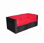 LINKLIFE 2pcs Patio Outdoor Sofa Set Wicker Couch Arm Sofa Low Back All-Weather Rattan Outdoor Sectional Sofa Couch with Washable Couch Cushions (Black & Red)