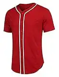 COOFANDY Mens Baseball Button Down Jersey Hipster Hip Hop T Shirt, Red, X-Large, Short Sleeve