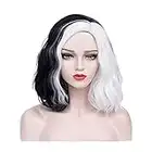 AMOBON Cruella Peluca Blanco y Negro, Anime Cosplay Pelucas para Disfraz de Cruella Deville, Wig de Pelo Rizado de Longitud Media para Carnaval Halloween Mardi Gras Carnival Fiesta Party