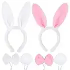 FLOFIA 2 Ensembles Lapin Déguisement Serre-Tête Bandeau Oreilles de Lapin + Cravate + Queue en Peluche Set Costume Accessoires Lapin pour Enfant Adulte Halloween Fête Noël Cosplay Blanc Rose