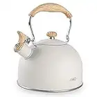 Tea Kettle, BELANKO 85 OZ / 2.5 Liter Whistling Tea Kettle, Tea Pots for Stove Top Food Grade Stainless Steel with Wood Pattern Folding Handle, Loud Whistle Kettle for Tea, Coffee, Milk - Milk White