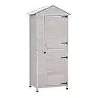 Outsunny Garden Shed Outdoor Wooden Garden Cabinet 4-Tier Storage Shed 3 Shelves Lockable Organizer with Handle Tin Roof Magnetic Latch Foot Pad 90 x 63 x 200cm Light Grey