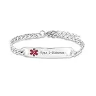 Luluadorn Red Medical Alert Type 2 Diabetes Bracelet for Women Men Emergency First Aid Health Alert Engraved Adjustable Stainless Steel Chain Bracelets