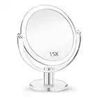 Fabuday Magnifying Makeup Mirror Double Sided - Desk Vanity Mirror with 1X & 15X Magnification, Two Way Make Up Mirror with Stand, Magnified Tabletop Cosmetic Mirror for Bathroom, Transparent