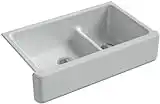 KOHLER Whitehaven Farmhouse Smart Divide Self-Trimming Undermount Apron Front Double-Bowl Kitchen Sink with Tall Apron, 35-1/2-Inch x 21-9/16-Inch, Ice Grey (K-6427-95)