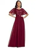 Ever-Pretty Robe de Demoiselle d'honneur Col Rond Manches Courtes Taille Empire A-Line Tulle Longue Femme Bordeaux 44