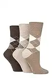 Gentle Grip Ladies 3 Pair Argyle Patterned Cotton Socks Argyle Brown/Neutral 4-8