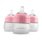 Nanobebe Flexy Lot de 3 biberons en silicone, anti-colique, sensation naturelle, téton non pliable, base stable sans basculement, facile à nettoyer, rose, 150 ml