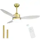 Melkelen Modern Gold Ceiling Fans with Lights and Remote Control, White Wood Blades, 48 Inch Indoor/Outdoor Ceiling Fans for Living Room, Bedroom, Covered Patios, MK05-GD