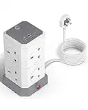 Tower Extension Lead, 8 Way Outlets Surge Protected Extension Tower with 3 USB Ports (3A), 3250W Extension Cord, Overload Protection, 2M Extension Plug for PC/ Phone/ Laptop/ Speaker/ TV - Black