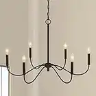 Bunkos Farmhouse Black Chandelier Rustic Candle 6-Light Pendant Light 30 Inches Adjustable Height Ceiling Light Fixture for Living Room Kitchen Island Dining Room Bedroom Foyer