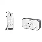 Belkin 12-Outlet USB Power Strip Surge Protector, Flat Plug, 6ft Cord (3,996 Joules), White & 3-Outlet Wall Mount Cradle Surge Protector with Dual USB Charging Ports (2.4 Amp Total)