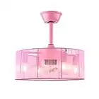 18" Ceiling Fan with LED Light Remote Control 3 Invisible Blades Pink Fringe Tassel Ceiling Fan 3-Speed Quiet Enclosed Caged Kids Ceiling Fan With Lights Downrod Mount Metal Edison Chandelier Fan