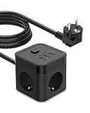 JSVER Regleta Enchufe Cube con USB de 3 Tomas(3680W/16A) con 3 USB Puertos 15,5W Alargadera Electrica 3 m Protección contra Sobretensiones para el hogar, la Oficina y los Viajes Negro