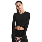 SotRong Maglia Sportiva da Donna a Maniche Lunghe Girocollo Crop Top Ad Asciugatura Rapida Sportiva T Shirts per Allenamento Palestra Yoga Nero S