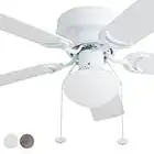 Prominence Home Alvina, 42 Inch Traditional Flush Mount Indoor LED Ceiling Fan with Light, Pull Chain, Dual Finish Blades, Reversible Motor - 80092-01 (White)