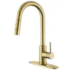 Tohlar Gold Kitchen Faucets with Pull Down Sprayer, Modern Kitchen Sink Faucet Stainless Steel Single Handle Kitchen Faucet with Deck Plate, Brushed Gold