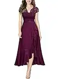 MIUSOL Damen Spitzenkleid Hüfte öffnen Abendkleid Cap Ärmel Cocktailkleid Maxi Partykleid Magenta XL