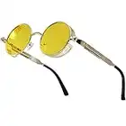 XFentech Steampunk Lunettes de Soleil - Rétro Couleur Polarisées Lentilles Ronde Lunettes de Soleil avec Protection UV400 pour Homme et Femme, A1 Or Frame - Jaune Lenses