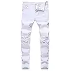 LONGBIDA Men's Ripped Destroyed Jeans Stretchy Knee Holes Slim Fit Tapered Leg Denim Pants, 08white, 42