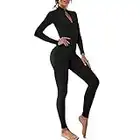 OEAK Damen Sport Jumpsuit Lang Eng Yoga Overall Langarm V-Ausschnitt Playsuits mit Reißverschluss Jogging Strampler Hosenanzug Trainingsanzug (Schwarz, L)