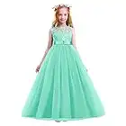 IBAKOM - Vestito con fiore in pizzo, per matrimonio, damigella d'onore, ballo, serata, compleanno, comunione, festa, formale, principessa, tulle verde chiaro 12-13 Anni