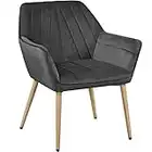 Yaheetech Velvet Tufted Vanity Chair, Modern Armchair with Flared Wide Arms and Metal Legs, Angled Back for Make up Room/Living Room/Bedroom, Dark Gray