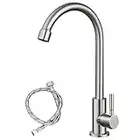 Brushed Nickel Kitchen Faucet Cold Water Only 1 Hole Single Handle 360 Degree Swivel Spout Deck Mount High Arc SUS304 Sink Bar Tap Goose Neck with Hose and Longer Thread Pipe
