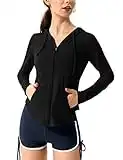 Hanyomo Mujeres Manga larga UPF 50 + protector solar Chaquetas deportivas Capucha Camiseta de fitness Bolsillo Yoga Cremallera completa Jacket Negro L