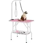 costoffs Foldable Pet Dog Grooming Table with Basket Adjustable Arm Double Tether Salon Table for Small Medium Dogs/Cats 160cm High Pink