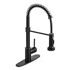 DJS Kitchen Faucets with Pull Down Sprayer ,Brass Black Single Handle Single Lever High Arc Spring Faucet with Deck Plate for 1 or 3 Holes Kitchen Sink. (Matte Black)