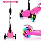 Tubiaz Monopattino per Bambini, scooter a tre ruote con ruote illuminate a LED, scooter per bambini regolabile in altezza, max 50 kg, per scooter per bambini da 3-14 anni, Rosa