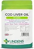 Lindens Cod Liver Oil 1000mg Capsules - 90 Pack - High in Omega 3, Vitamins A & D Contributes Towards Normal Skin, Hair, Nails, Bones, Eyes, Teeth, Brain & Immune System - UK Manufacturer, Letterbox Friendly