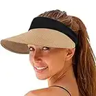 Women Straw Sun Visor Hat Wide Brim Summer UV Protection Beach Cap Foldable Packale Korean Style, Khaki, One Size