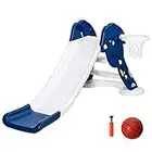 Qaba Kids Slide with Basketball Hoop Toddler Climber Freestanding Slider Playset Playground Slipping Slide Indoor Outdoor Exercise Toy Activity Center Blue