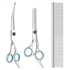 Dog Grooming Scissors with Safety Round Tips, Heavy Duty Titanium Pet Grooming Trimmer Kit, Professional Thinning Shears, Straight Scissors with Comb for Dogs and Cats (Set of 3)