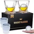 Mfacoy Old Fashioned Whiskey Glasses Set of 4 (2 Crystal Bourbon Glasses, 2 Round Big Ice Ball Molds 11 Oz Rocks Glass with Gift Box, Barware for Scotch Cocktail Rum Vodka Liquor, Gifts for Men