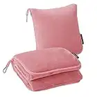 RYB HOME Travel Blanket for Airplane Flight, Plush Throw Blanket & Compact Pillow 2 in 1 Set, Warm Fleece Throw Blanket with Luggage Belt and Backpack Clip, W43 x L60 inch, Pink