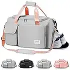 Gym Bag, Sports Bag with Wet Pocket, Portable Overnight Bags for Women, Waterproof Lightweight Weekend Bags for Women, Weekender, Vacation(Grey Pink)