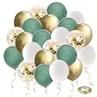 Green and Gold party Balloons, 50pcs 12 Inch Retro Sage Green White Metallic Gold Confetti Balloons with Ribbon for Wedding Birthday Baby Shower Decorations (GreenGold50pcs)