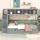 Harper & Bright Designs Twin Over Full Bunk Bed with Stairs and Built-in Storage Cabinets, Wood Bunk Beds Twin Over Full Size with 2 Storage Drawers for Kids Girls Boys ,Grey