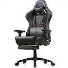 Dowinx Chaise Gaming Ergonomique Style de Course avec Support et Coussin de Massage Lombaire Fauteuil de Bureau pour Ordinateur en Cuir Polyuréthane avec Repose-Pieds Rétractable Noir