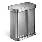 simplehuman 58 Litre / 15.3 Gallon Rectangular Hands-Free Dual Compartment Recycling Kitchen Step Trash Can with Soft-Close Lid, Brushed Stainless Steel