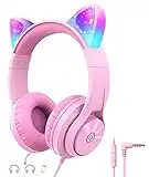 Cat Ear Led Light Up Kids Headphones with Microphone, iClever HS20 Wired Headphones -Shareport- 94dB Volume Limited, Foldable Over-Ear Headphones for Kids Gifts/School/iPad/Kids Tablet/Travel, Pink