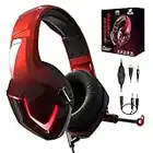 NEEDONE Cuffie da gioco con microfono per PS4 Gamer Headset per PS5 Xbox One Switch PC Fortnite Gaming Mac Laptop K19 Cuffie da Gioco con 3.5mm Jack LED Controllo Volume e Bass Stereo-Rosso