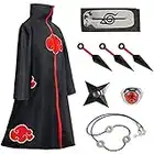 Amycute Costume Akatsuki Itachi Cape Cosplay Deguisement Akatsuki Uchiha Itachi Bandeau Bague Collier Ninja Accessoires Anime Carnaval Halloween Noël pour Adulte Enfant (S)