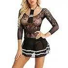 ROSVAY Sexy Cosplay Costume de robe d'écolière marine pour femme Lingerie Uniforme Babydoll Body transparent élastique complet lingerie mini jupe liaison Cosplay Halloween, Noir , Taille unique