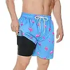 Men's Swim Trunks Mens Bathing Suit Mens Swim Trunks with Compression Liner Beach Shorts for Men Sky Blue Flamingo L